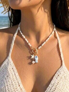 NEW! Delicate Gold Charm White Bead Toggle Clasp Necklace W/ Star Fish and Pearl